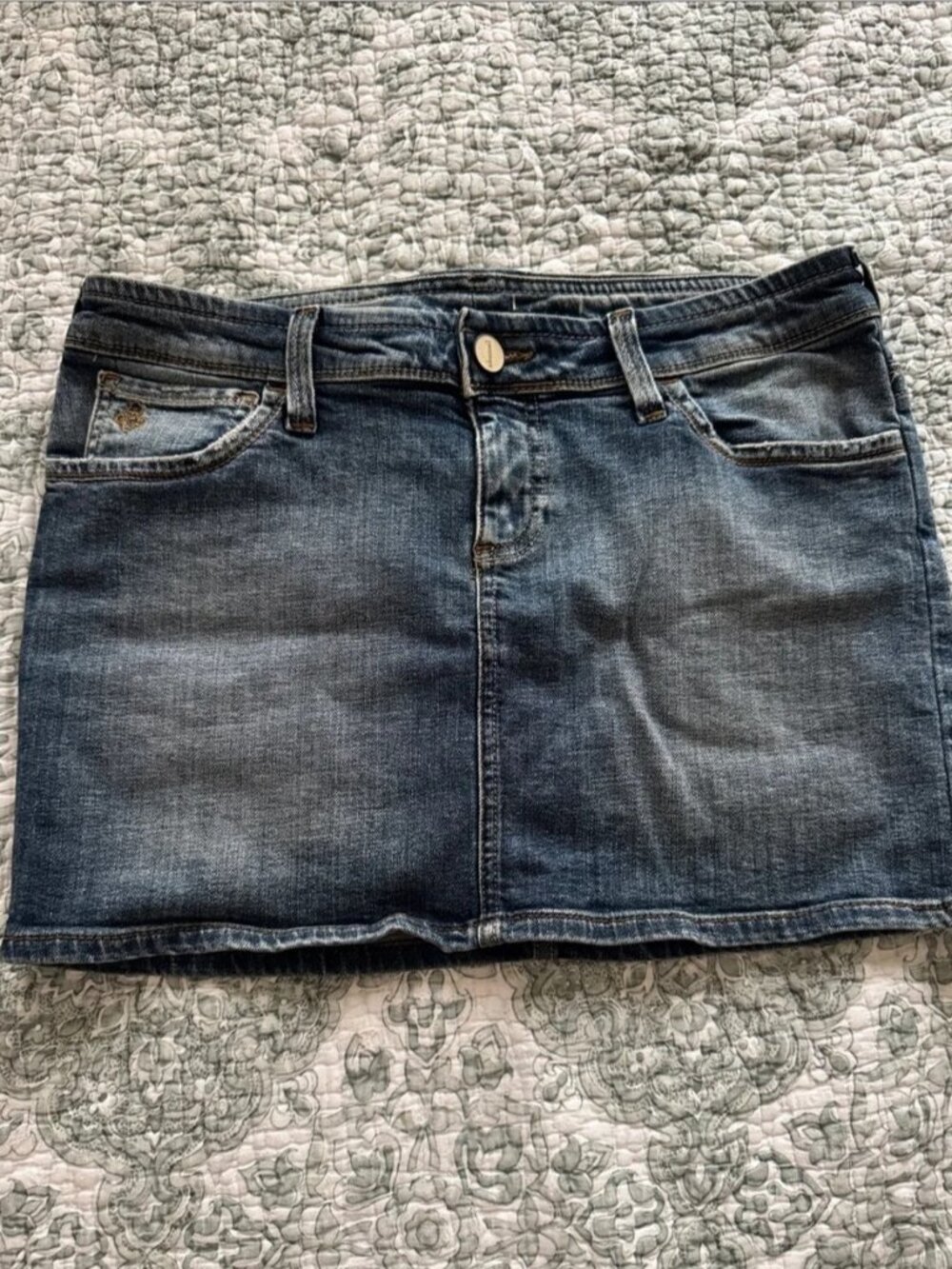 Dark Blue Denim Mini Skirt with Embroidered Back Pockets